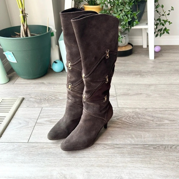 Arnold Churgin Handmade Brown Suede Slouch Knee High Tall Heeled Boots - Picture 1 of 14